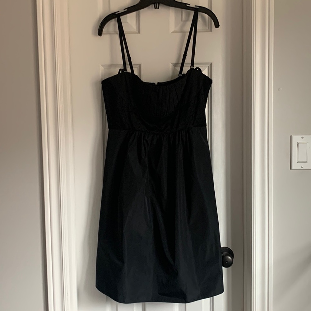 BCBG Lightly Worn Black Satin Mini Dress with beaded top and removable straps